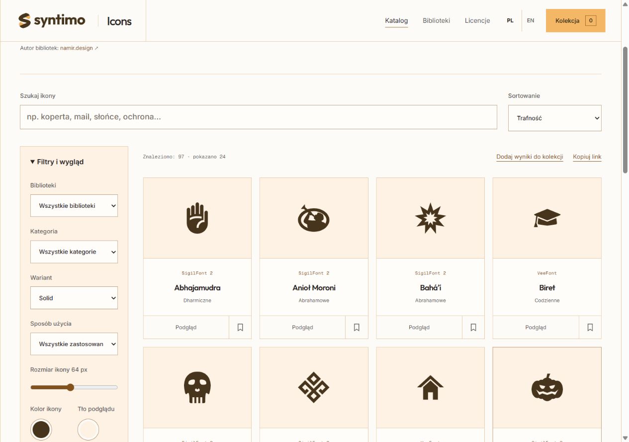 Katalog Syntimo Icons z filtrami i podglądem symboli